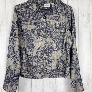 Chico's Linen Blend Blazer Jacket Women's Size 1 (Medium) Gray Blue Floral